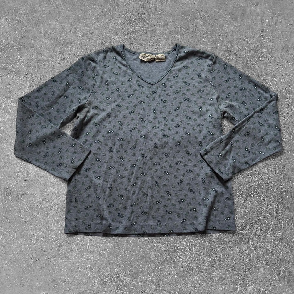 Basic Editions Womens Heather Blue Floral V-Neck Long Sleeve Shirt Size M